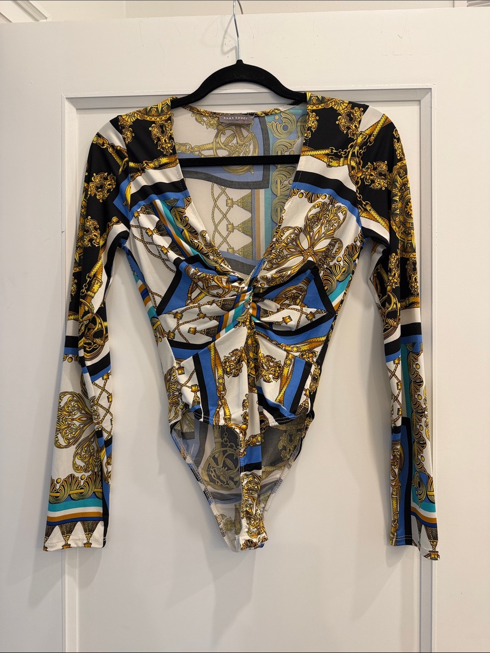 Baroque-Print Long Sleeve Bodysuit - Blue, Black & White